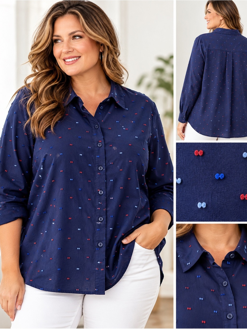 Joan Rivers 2X Navy Blue Red Swiss Dot Button Front Blouse Plus Size Americana